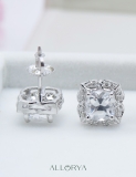 925 Sterling Silver Flower Stud Earrings, 2.65 CT Cushion and Round Cubic Zirconia in Screw Back