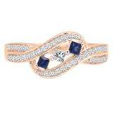 10K Rose Gold Princess Cut Blue Sapphire & Princess & Round Diamond Ladies 3 Stone Promise Ring