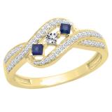 10K Yellow Gold Princess Cut Blue Sapphire & Princess & Round Diamond Ladies 3 Stone Promise Ring