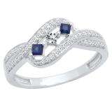 14K White Gold Princess Cut Blue Sapphire & Princess & Round Diamond Ladies 3 Stone Promise Ring