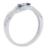 14K White Gold Princess Cut Blue Sapphire & Princess & Round Diamond Ladies 3 Stone Promise Ring