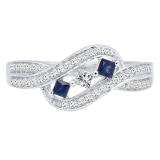 14K White Gold Princess Cut Blue Sapphire & Princess & Round Diamond Ladies 3 Stone Promise Ring