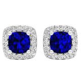 Sterling Silver 5 MM Each Cushion Cut Lab Created Blue Sapphire & Round Diamond Ladies Stud Earrings