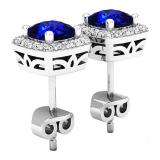 Sterling Silver 5 MM Each Cushion Cut Lab Created Blue Sapphire & Round Diamond Ladies Stud Earrings