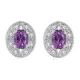 14K White Gold 7X5 MM Each Oval Cut Amethyst & Round Cut White Diamond Ladies Stud Earrings