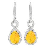 10K White Gold 8X6 MM Each Pear Cut Citrine & Round White Diamond Ladies Infinity Dangling Earrings