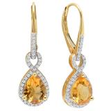 10K Yellow Gold 8X6 MM Each Pear Cut Citrine & Round White Diamond Ladies Infinity Dangling Earrings