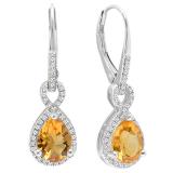 18K White Gold 8X6 MM Each Pear Cut Citrine & Round White Diamond Ladies Infinity Dangling Earrings