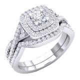 1.40 Carat (Ctw) 10K White Gold Round Cut Cubic Zirconia Ladies Halo Style Engagement Ring Set