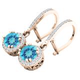 10K Rose Gold 5.5 MM Round Blue Topaz & Diamond Ladies Halo Style Milgrain Dangling Drop Earrings