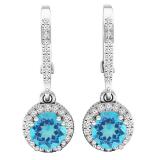 10K White Gold 5.5 MM Round Blue Topaz & Diamond Ladies Halo Style Milgrain Dangling Drop Earrings