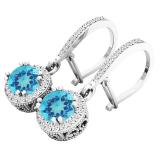 10K White Gold 5.5 MM Round Blue Topaz & Diamond Ladies Halo Style Milgrain Dangling Drop Earrings