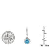 10K White Gold 5.5 MM Round Blue Topaz & Diamond Ladies Halo Style Milgrain Dangling Drop Earrings