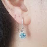10K White Gold 5.5 MM Round Blue Topaz & Diamond Ladies Halo Style Milgrain Dangling Drop Earrings