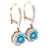 18K Rose Gold 5.5 MM Round Blue Topaz & Diamond Ladies Halo Style Milgrain Dangling Drop Earrings