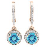 18K Rose Gold 5.5 MM Round Blue Topaz & Diamond Ladies Halo Style Milgrain Dangling Drop Earrings
