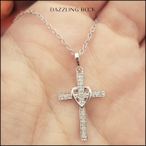 Round White Diamond Heart Shaped Religious Cross Pendant with 18 Inch Silver Chain for Women (0.20 ctw Color I-J Clarity I2-I3) in 10K White Gold