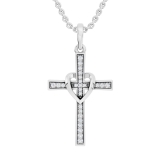 Round White Diamond Heart Shaped Religious Cross Pendant with 18 Inch Silver Chain for Women (0.20 ctw Color I-J Clarity I1-I2) in 18K White Gold