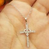 Round White Diamond Heart Shaped Religious Cross Pendant with 18 Inch Gold Chain for Women (0.20 ctw, Color I-J, Clarity I1-I2) in 14K White Gold