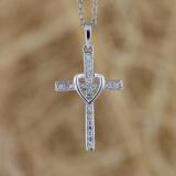 Round White Diamond Heart Shaped Religious Cross Pendant with 18 Inch Gold Chain for Women (0.20 ctw, Color I-J, Clarity I1-I2) in 14K White Gold