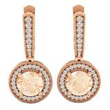 14K Rose Gold 6 MM Round Morganite & White Diamond Ladies Halo Style Milgrain Drop Earrings