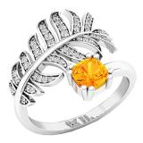 18K White Gold 5 MM Cushion Cut Citrine & Round White Diamond Ladies Palm Leaf right hand ring