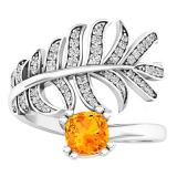 18K White Gold 5 MM Cushion Cut Citrine & Round White Diamond Ladies Palm Leaf right hand ring