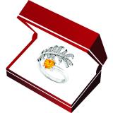 18K White Gold 5 MM Cushion Cut Citrine & Round White Diamond Ladies Palm Leaf right hand ring