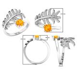18K White Gold 5 MM Cushion Cut Citrine & Round White Diamond Ladies Palm Leaf right hand ring