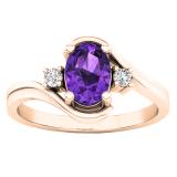 10K Rose Gold 7X5 Oval Cut Amethyst & Round Cut White Diamond Ladies Engagement 3 Stone Ring
