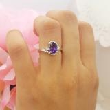 10K White Gold 7X5 Oval Cut Amethyst & Round Cut White Diamond Ladies Engagement 3 Stone Ring