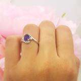 10K White Gold 7X5 Oval Cut Amethyst & Round Cut White Diamond Ladies Engagement 3 Stone Ring