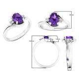 10K White Gold 7X5 Oval Cut Amethyst & Round Cut White Diamond Ladies Engagement 3 Stone Ring