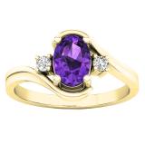 10K Yellow Gold 7X5 Oval Cut Amethyst & Round Cut White Diamond Ladies Engagement 3 Stone Ring
