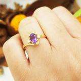 10K Yellow Gold 7X5 Oval Cut Amethyst & Round Cut White Diamond Ladies Engagement 3 Stone Ring
