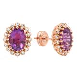 10K Rose Gold 9X7 MM Each Oval Cut Amethyst & Round White Diamond Ladies Halo Stud Earrings