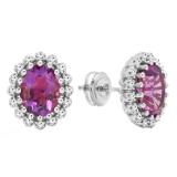 10K White Gold 9X7 MM Each Oval Cut Amethyst & Round White Diamond Ladies Halo Stud Earrings