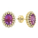 18K Yellow Gold 9X7 MM Each Oval Cut Amethyst & Round White Diamond Ladies Halo Stud Earrings