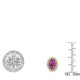 18K Yellow Gold 9X7 MM Each Oval Cut Amethyst & Round White Diamond Ladies Halo Stud Earrings