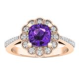 10K Rose Gold 6 MM Cushion Amethyst & Round White Diamond Bridal Milgrain Engagement Ring