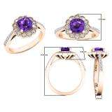 10K Rose Gold 6 MM Cushion Amethyst & Round White Diamond Bridal Milgrain Engagement Ring