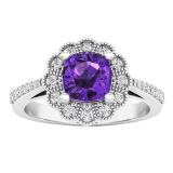 10K White Gold 6 MM Cushion Amethyst & Round White Diamond Bridal Milgrain Engagement Ring