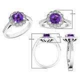 10K White Gold 6 MM Cushion Amethyst & Round White Diamond Bridal Milgrain Engagement Ring