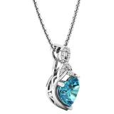 10K White Gold 8 MM Heart Shaped Blue Topaz & Round White Diamond Ladies Heart Pendant