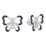 18K White Gold Round Blue Sapphire & White Diamond Ladies Butterfly Stud Earrings