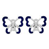 18K White Gold Round Blue Sapphire & White Diamond Ladies Butterfly Stud Earrings