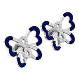 18K White Gold Round Blue Sapphire & White Diamond Ladies Butterfly Stud Earrings