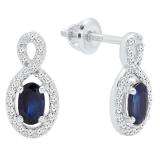 18K White Gold 5X3 MM Each Oval Cut Blue Sapphire & Round Cut Diamond Ladies Infinity Drop Earrings