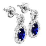 18K White Gold 5X3 MM Each Oval Cut Blue Sapphire & Round Cut Diamond Ladies Infinity Drop Earrings