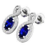 18K White Gold 5X3 MM Each Oval Cut Blue Sapphire & Round Cut Diamond Ladies Infinity Drop Earrings